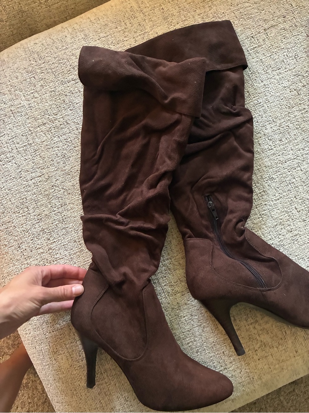 Brown Suede Slouch Knee-High Heeled Boots